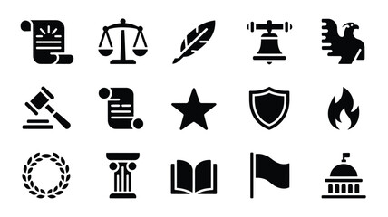 Collection of 15 modern vector icons representing law justice freedom and government concepts including scales of justice gavel liberty bell eagle scroll shield flame laurel © Soma