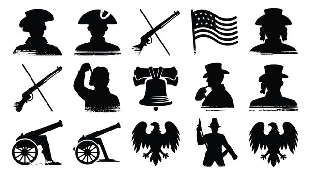 Collection of vintage american historical silhouettes founding fathers revolutionary war icons liberty bell flags cannons eagles and muskets representing patriotism
