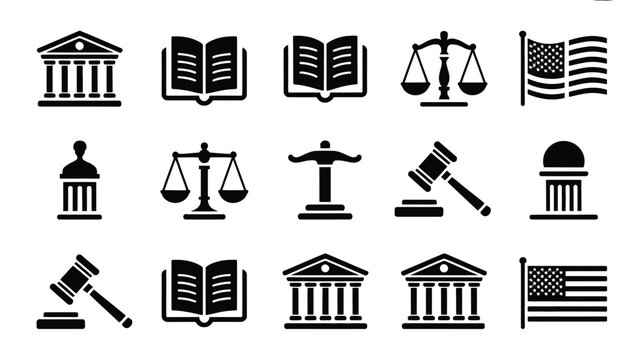 Collection of justice and law icons including courthouse building open books scales of justice gavel and american flag symbolizing legal system education and national rights