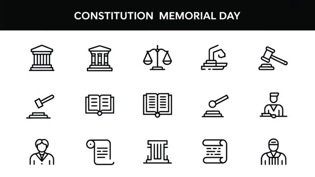 Collection of clean minimalist line icons representing justice law government and constitution day symbols featuring courthouses gavel scales of justice books scrolls and figures