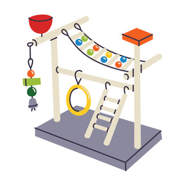 Cute wooden bird playground for parrots and budgies, flat cartoon pet activity center with ladders, swings, toys and water dispenser. Home bird enrichment and cage accessory vector illustration