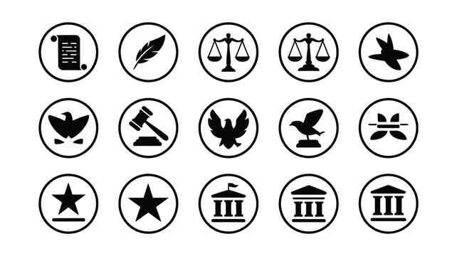 Collection of black and white vector icons representing justice law government and freedom including scales of justice gavels eagles scrolls and buildings presented in a clean