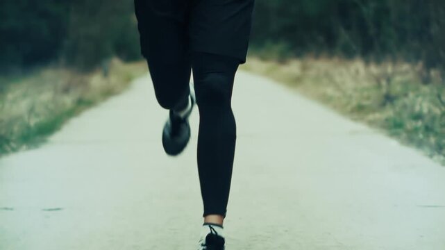 Runner Training On Asphalt Path In Park. Athlete Jogging Outdoors For Cardio Workout