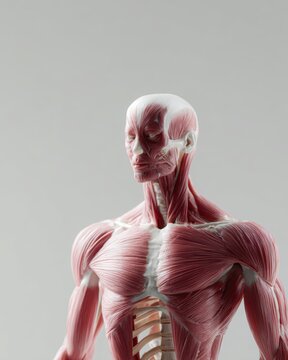 front view of human muscular system anatomical model with intricate muscles and partial skeletal structure on neutral background