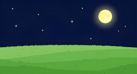 cartoon, night, moon, stars, hills, landscape, background, crescent, sky, green, fantasy, nature, dreamy, illustration, scenic, vector, fantasy © mrpixel