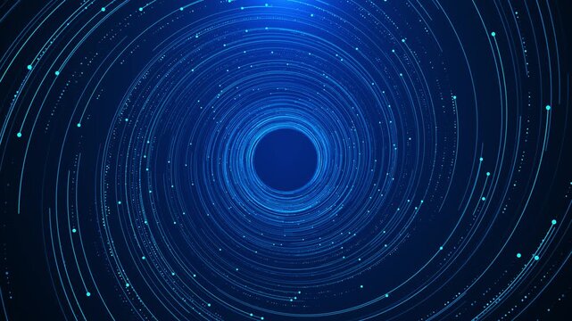 Cyan data spiral tunnel with blue orbit lines, circular dots, and deep vortex center. Perfect for futuristic videos, technology transitions, software intros, data loops, and portal overlays.