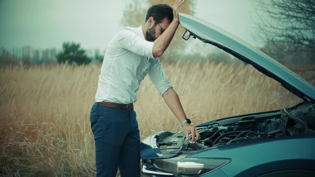 Businessman Looking At Motor Problem. Frustrated Traveler Checking Technical Issue Under Bonnet