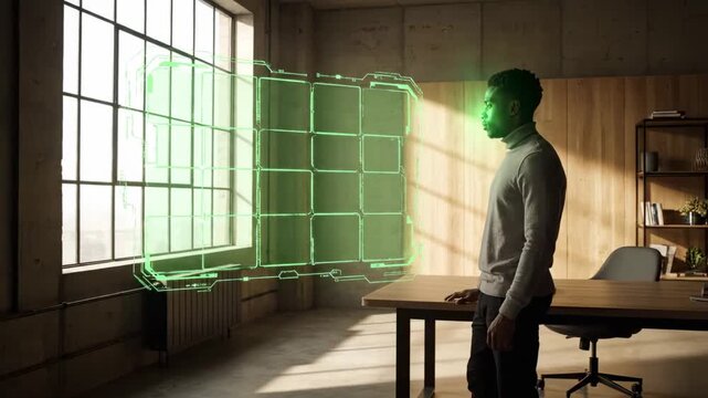 Individual examines virtual interface in contemporary workspace. Bright sunlight filters through large windows creating a productive atmosphere. Concept of technology, innovation, business analytics