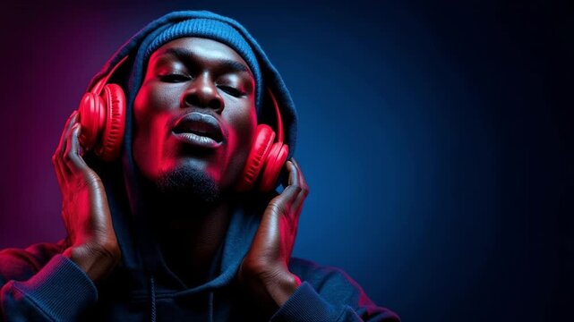 Young man in blue hoodie listening to music with headphones and eyes closed in neon light.