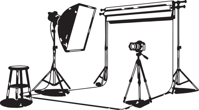 Professional photography studio setup with lighting, camera on tripod, and backdrop for creative shoots