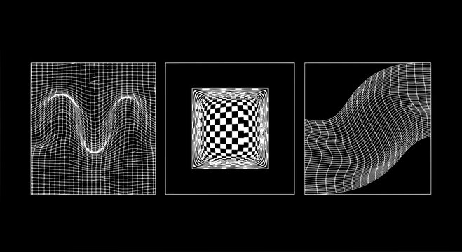 Graphic wireframe set with abstract shapes and grid patterns featuring design, digital, art with elements and vector elements for illustration, black