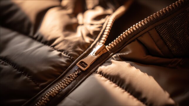 Close-up of a metallic zipper on a quilted brown jacket in warm sunlight. Detailed view of a zipper pull and teeth on a padded, textured garment, highlighting the fabric and hardware