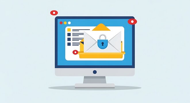 A computer monitor displays a secure email inbox with a padlock on the screen.