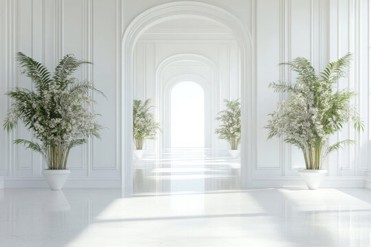 Elegant wedding venue in hite color with geen plant, palm trees corridor and romantic sunlight creating dreamy atmosphere.. Luxury palace interior 