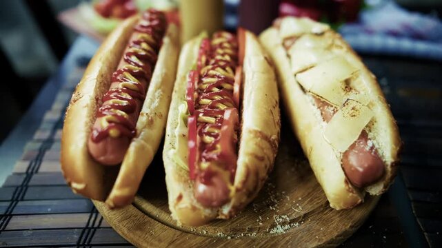 Assorted Hot Dogs with Different Toppings. Street Food Variety.  Fast Food Picnic Meal 
