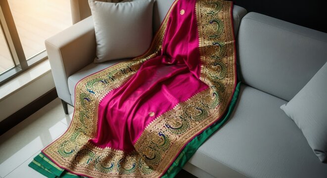 Luxurious Pink Silk Saree with Gold Embroidery draped on a Sofa in Natural Light