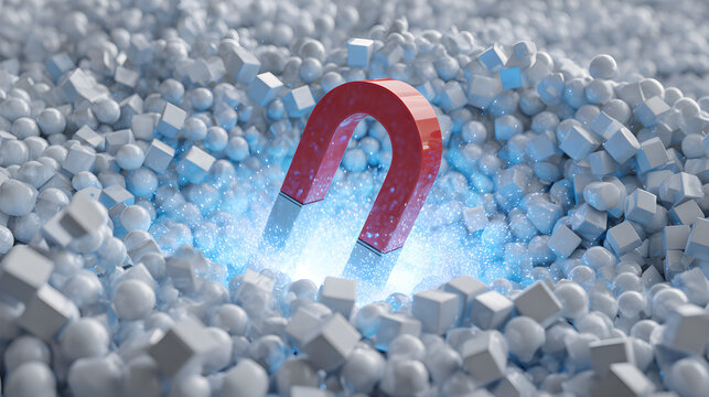 Giant red horseshoe magnet attracting numerous small metallic objects with magnetic force and glowing blue light