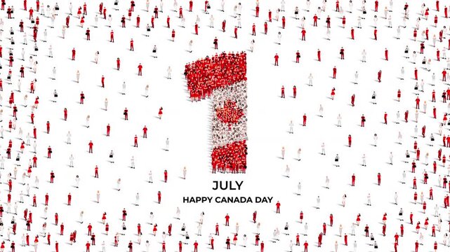 Happy Canada Day. A large group of people form to create the number 1 as Canada celebrates its Canada Day on the 1st of July. 4K Video Animation.