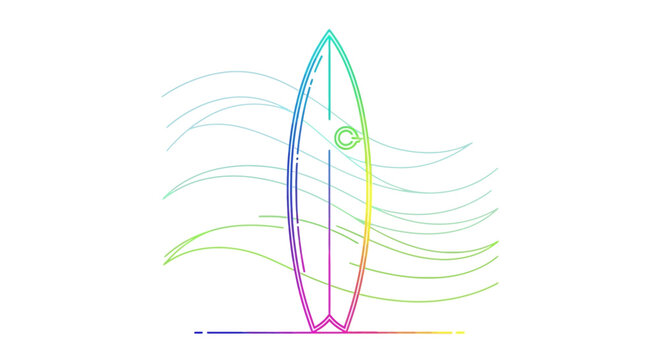 Rainbow Surfboard on Waves - Minimalist Line Art Illustration