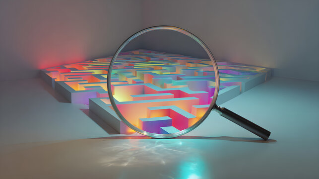 A giant magnifying glass hovers over a colorful pixelated abstract background with vibrant hues and geometric patterns casting a shadow on a gray surface