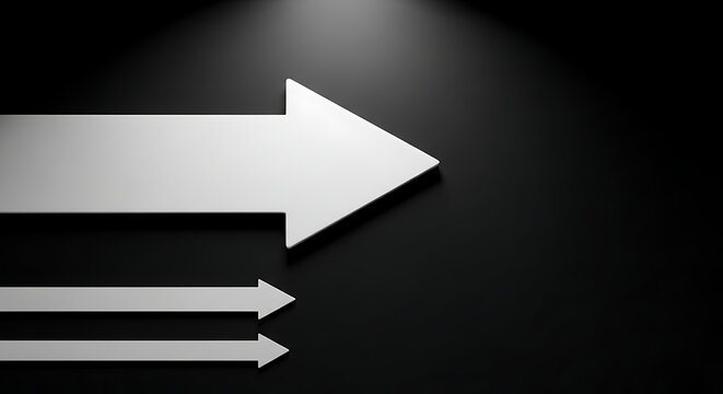 A prominent large white arrow points right, leading two smaller arrows on a dark, subtly lit background, symbolizing direction and progress.