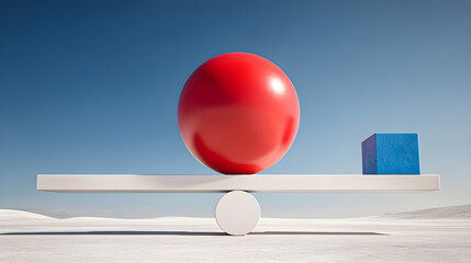 Obraz premium Giant red sphere balances on white scale with small blue cube clear blue sky background