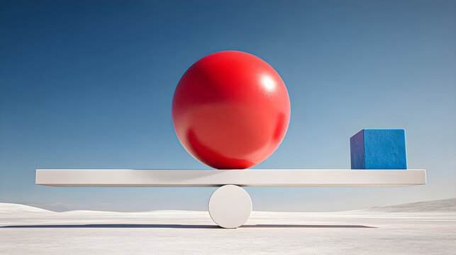 Giant red sphere balances on white scale with small blue cube clear blue sky background