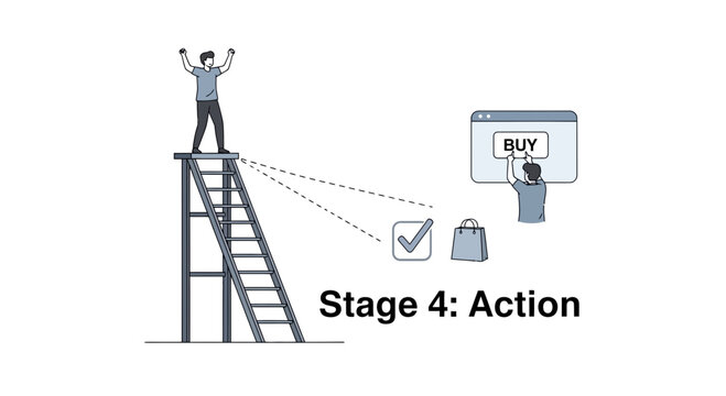 Man on ladder taking action buying.