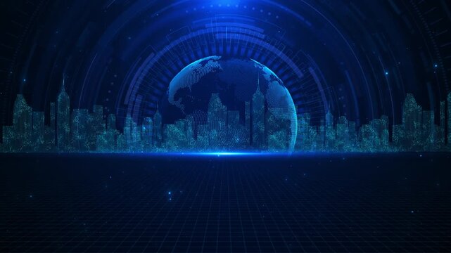 Global smart city background with digital globe, blue skyline, glowing HUD rings, and futuristic grid floor. Perfect for business videos, urban technology, world data, finance intros, and overlays.