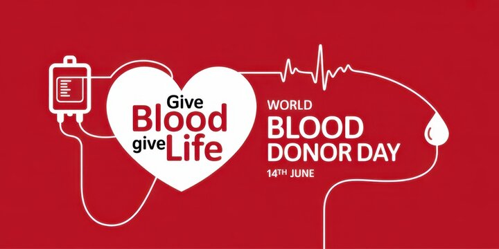 World blood donor day concept design with heart shape, blood bag and heartbeat line on red background