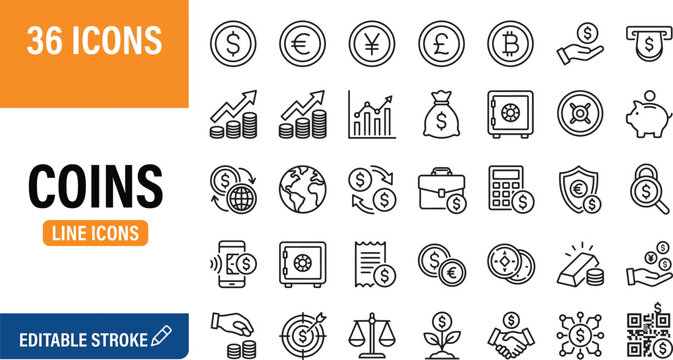 Coins and Currency Line Icon Set with Money Symbols Finance Investment Banking and Payment Editable Vector Collection