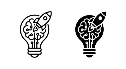 two black and white vector silhouettes of brain inside light bulbs with rockets shooting out from them © Nabil