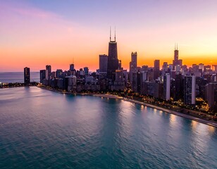 Obraz premium Chicago cityscape at sunset by lake.