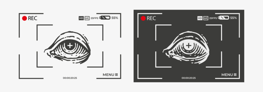 Cyber occult vector set. Hand-drawn mystical eye inside camera viewfinder interface. Digital surveillance and esoteric vision concept. Linocut engraving for streetwear and tech design.