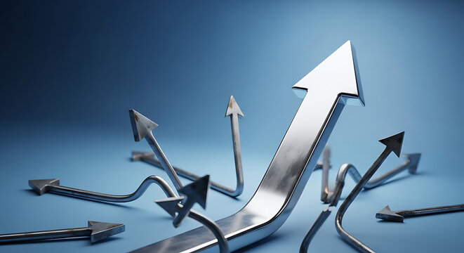 A prominent silver arrow points upwards while other arrows are bent and pointing in different directions, symbolizing focus and success.