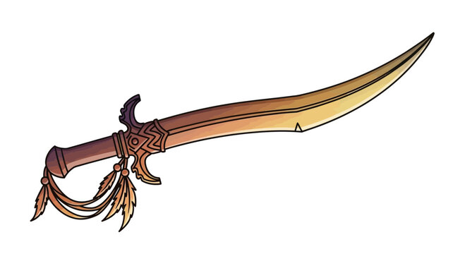 Ornate curved scimitar sword with golden blade and feather tassels, fantasy weapon