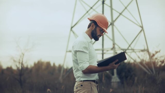 Inspecting Electrical Power Line Tower. Checking Documents At Construction Site. Industrial Power Grid Inspection 