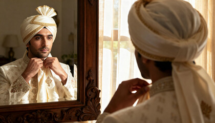 Fototapeta premium Groom tying turban in traditional indian wedding attire