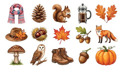 Autumn Illustration Set with Fall Leaves, Squirrel, Pumpkin, Acorns, Owl, Coffee, and Seasonal Nature Elements for Digital Media © mdferozhossain