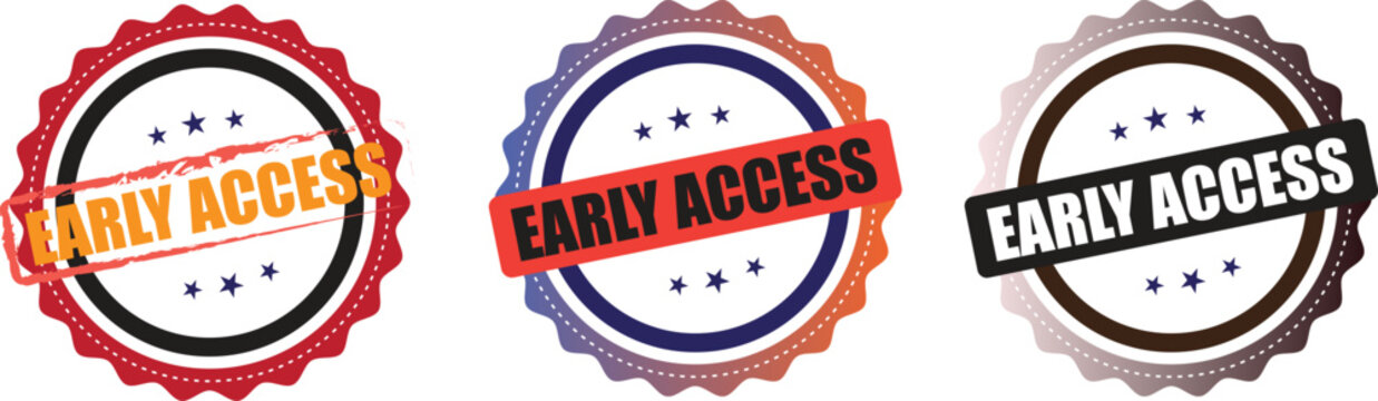 Set of three Early Access badge stamps in varied colors, isolated vintage promotional label designs on white backgrounds.