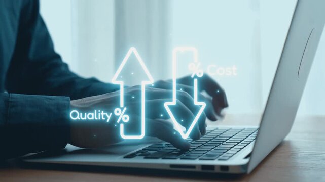 A person hands typing on a laptop keyboard with visual representations of quality and cost arrows, highlighting the importance of balancing expenses and quality in business. Qubit