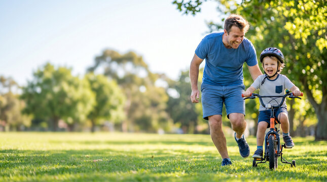 Dad joyfully helping his son ride a bike on a sunny day in a lush green park, surrounded by trees and a clear blue sky, capturing a heartwarming family moment