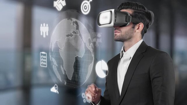 A business professional engages with virtual reality technology to interactively visualize global data and market trends, enhancing analysis and decision-making in a modern office setting. Raster
