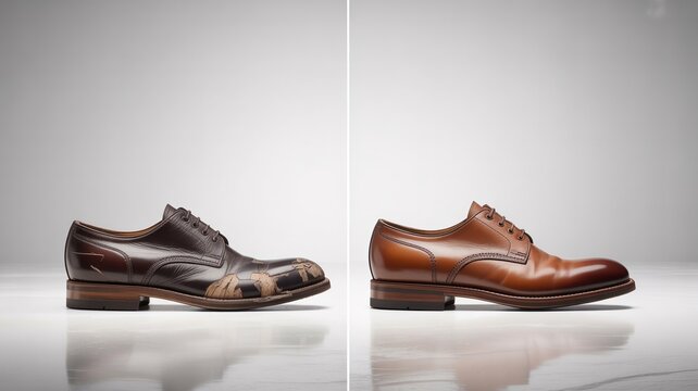 Damaged Leather Dress Shoe And Restored Brown Shoe Side View Before And After