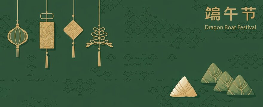 Dragon boat festival background with traditional chinese hanging ornaments and zongzi rice dumplings
