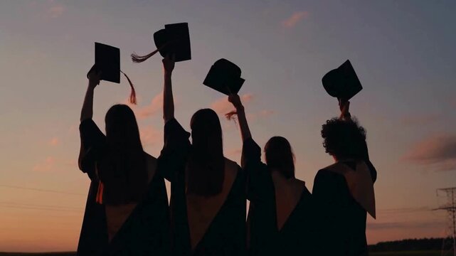 Stunning Silhouette of University Graduates Tossing Caps at Sunset. 