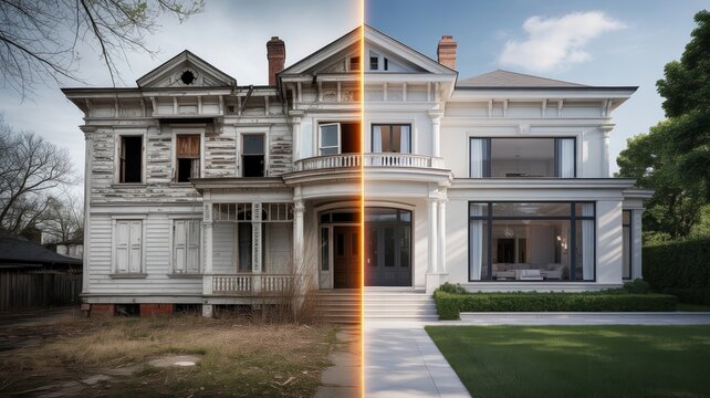Luxury House Renovation Before and After, Abandoned Old Home Restored into Modern White Mansion Exterior