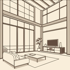 Line art illustration of a modern loft apartment interior living room with high ceilings expansive comfortable sofa coffee table wall-mounted television on a media console real estate apartment © New