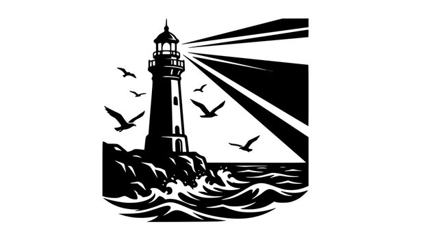 Lighthouse night ocean scene vector illustration nautical beacon tower with waves seagulls and coastal navigation vintage travel concept logo design