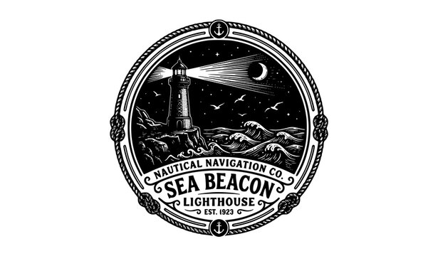Vintage lighthouse logo vector illustration nautical sea beacon emblem with ocean waves seagulls and navigation tower travel badge design